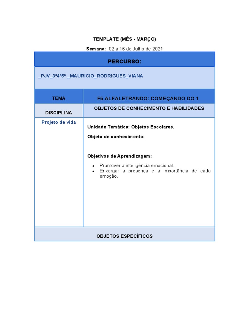 Plano de Aula de Projeto de Vida 02 | PDF | Emoções | Aprendizado