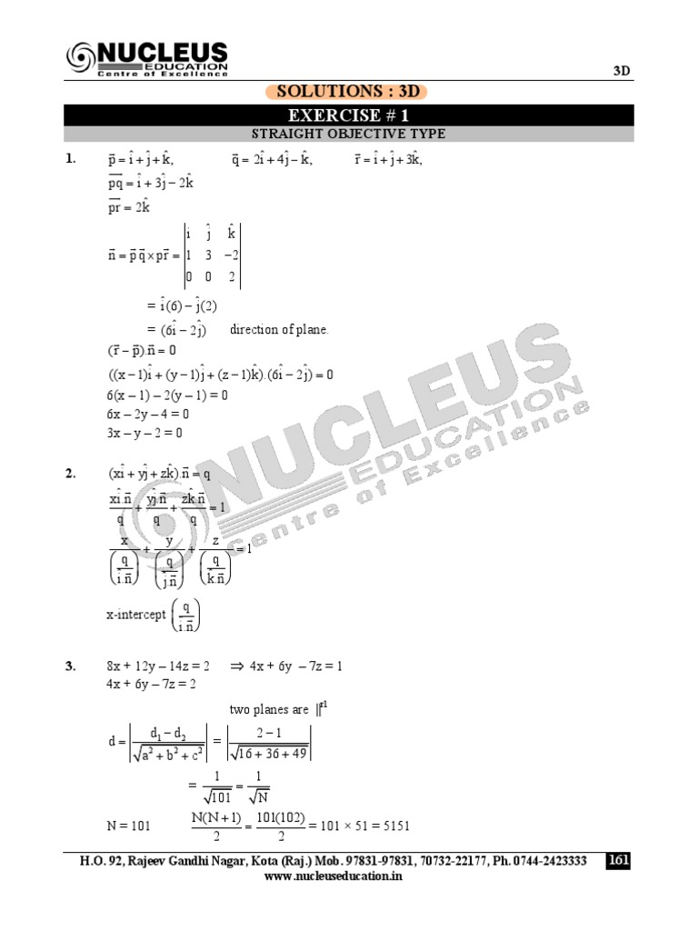 3D Geometry Solutions and Exercises | PDF | Plane (Geometry ...