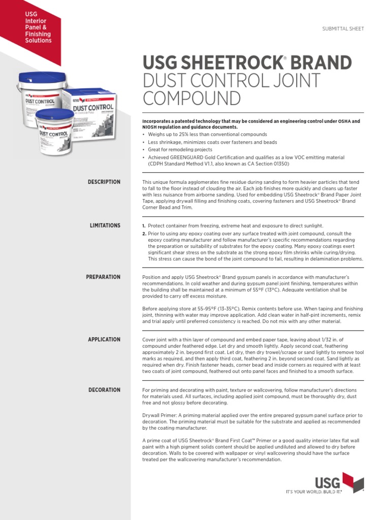 Dust Control Joint Compound Usg Sheetrock Brand PDF Drywall