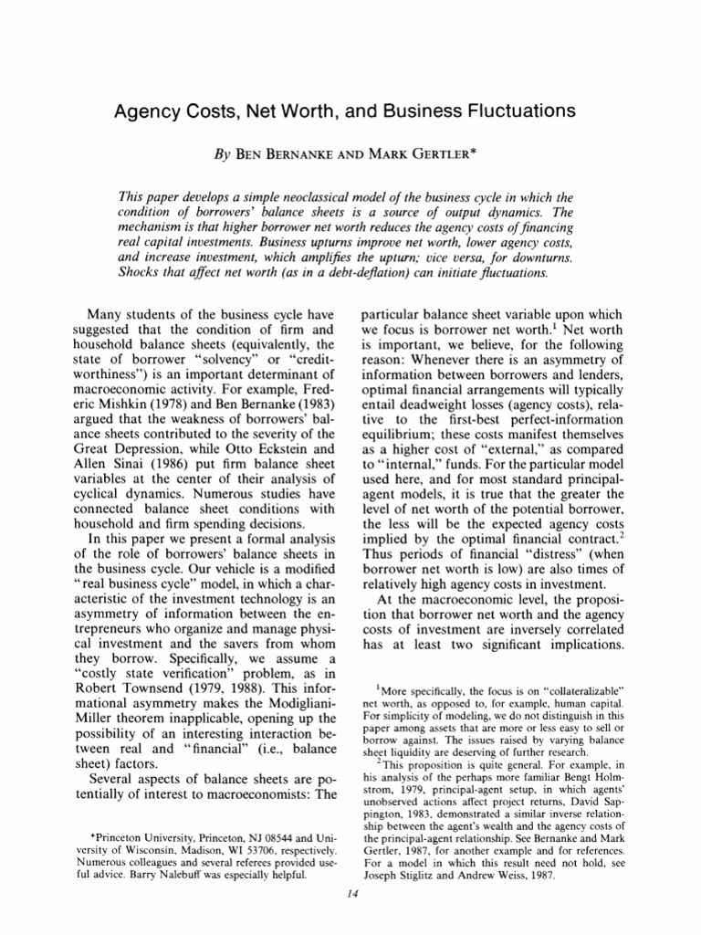 Agency Costs, Net Worth, and Business Fluctuations: Ben Bernanke and ...