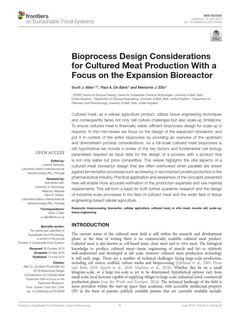 Allan Et Al (2019) - Bioprocess Design Considerations For Cultured Meat ...