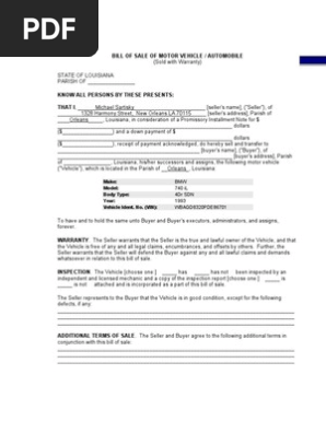 Bill of Sale of Motor Vehicle