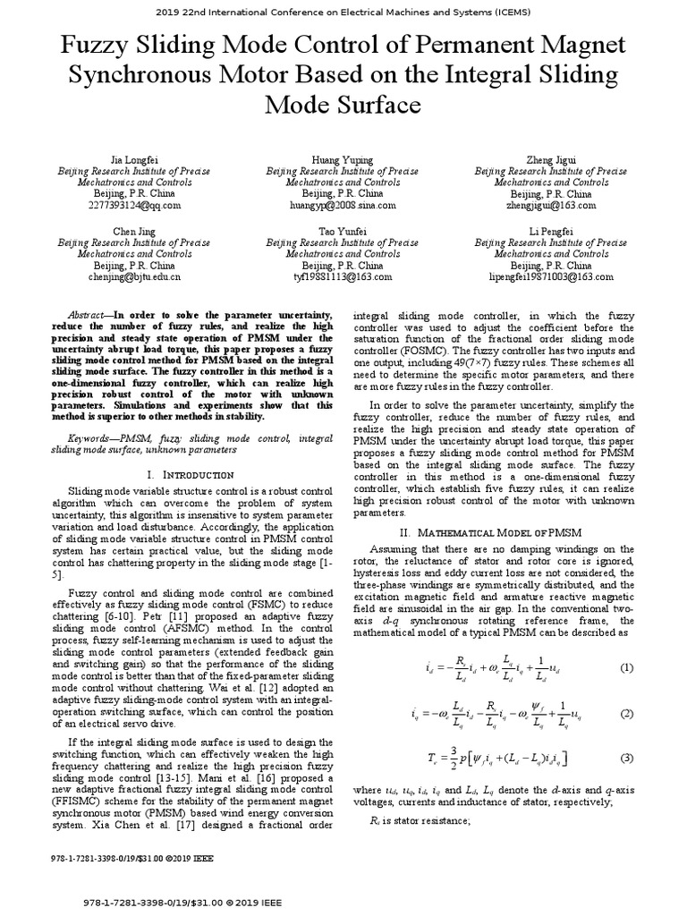 Fuzzy Sliding Mode Control of Permanent Magnet Synchronous Motor Based ...