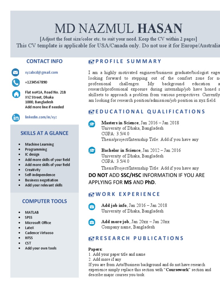 USA/Canada CV Template for Graduates | PDF | Cognition