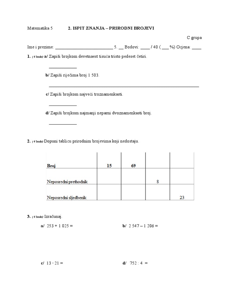 Matematika 5 2ispit Znanja Prirodni Brojevi Cgrupa | PDF