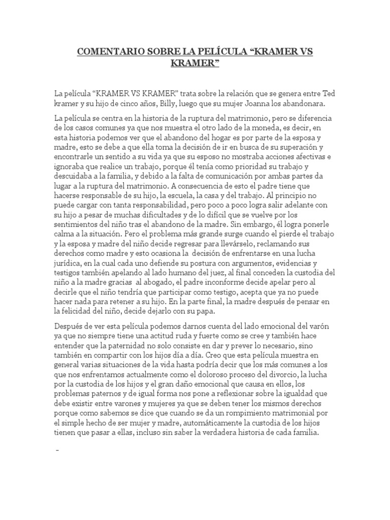 COMENTARIO SOBRE LA PELÍCULA KRAMER VS KRAMER | PDF | Familia | Matrimonio