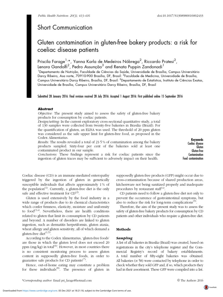 Gluten Contamination in Gluten Free Bakery Products A Risk For Coeliac