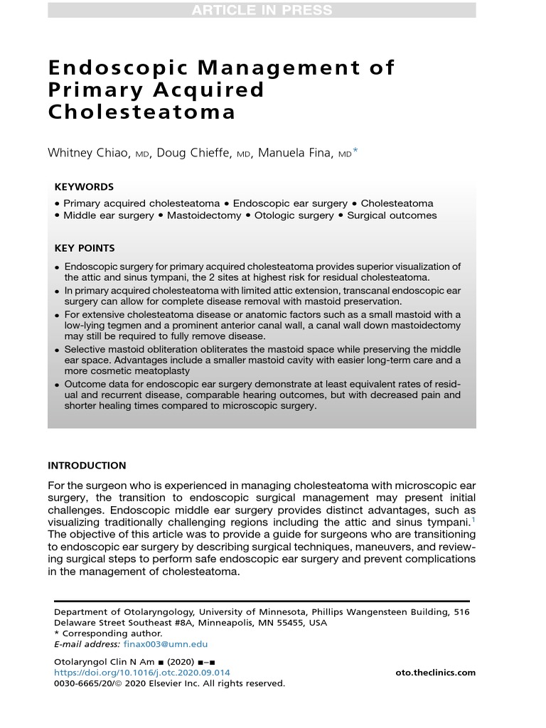 Endoscopic Management of Primary Acquired Cholesteatoma PDF Ear