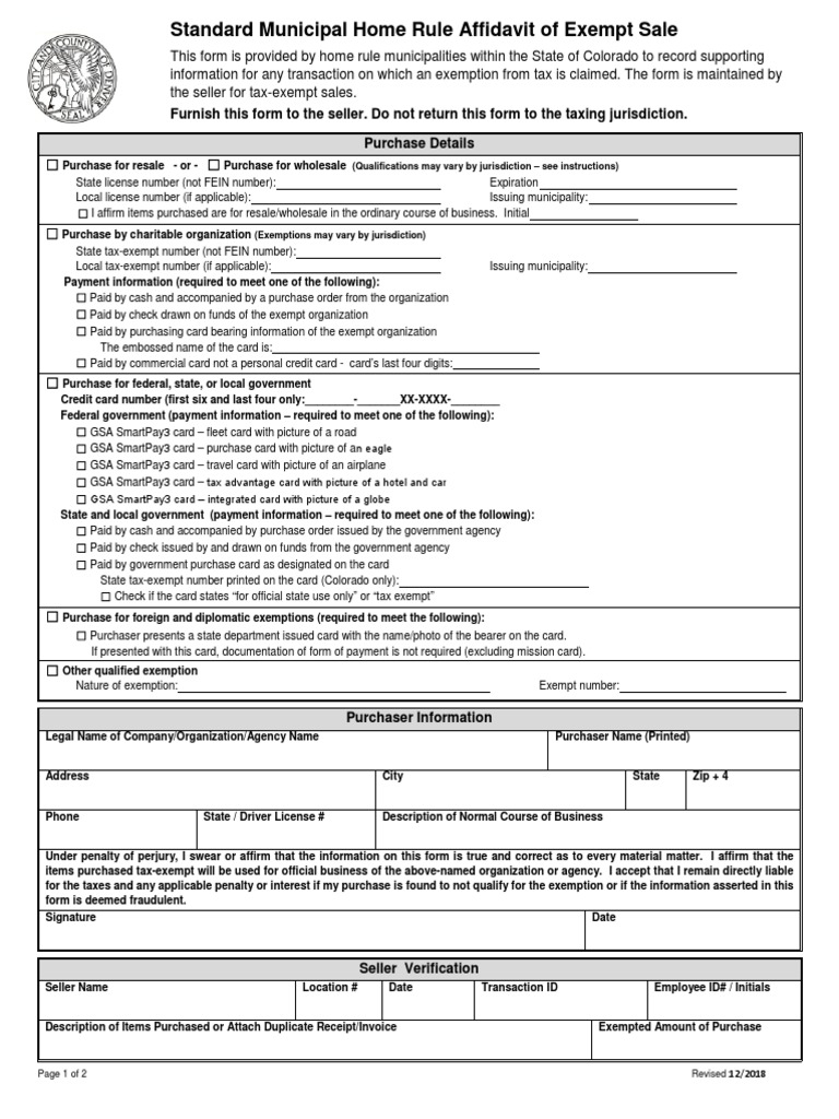 Affidavit of Exempt Sale Standard PDF Tax Exemption Credit Card