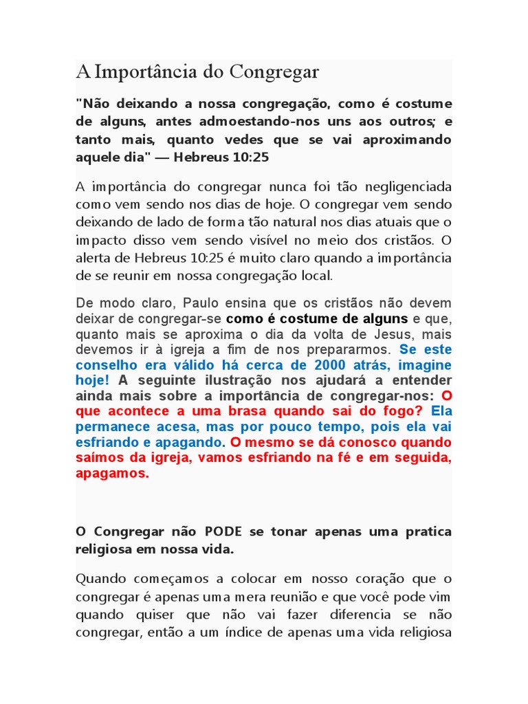 A Importância Do Congregar | PDF | Igreja cristã | Sacrifício