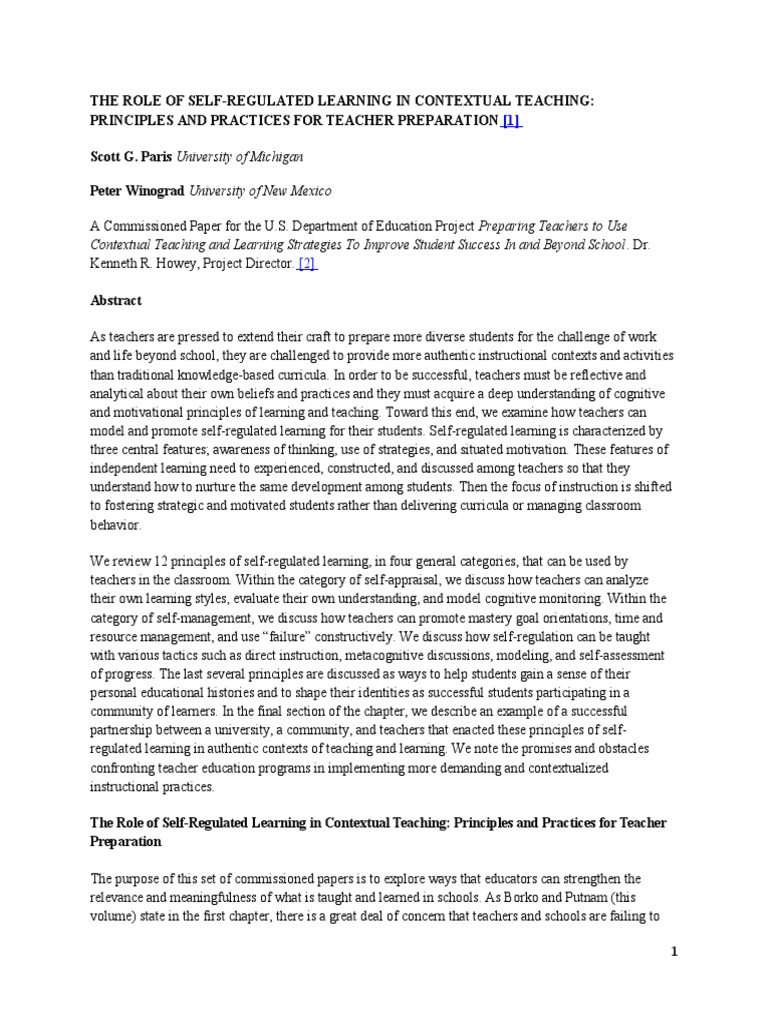 The Role of Self-Regulated Learning | PDF | Metacognition | Teachers