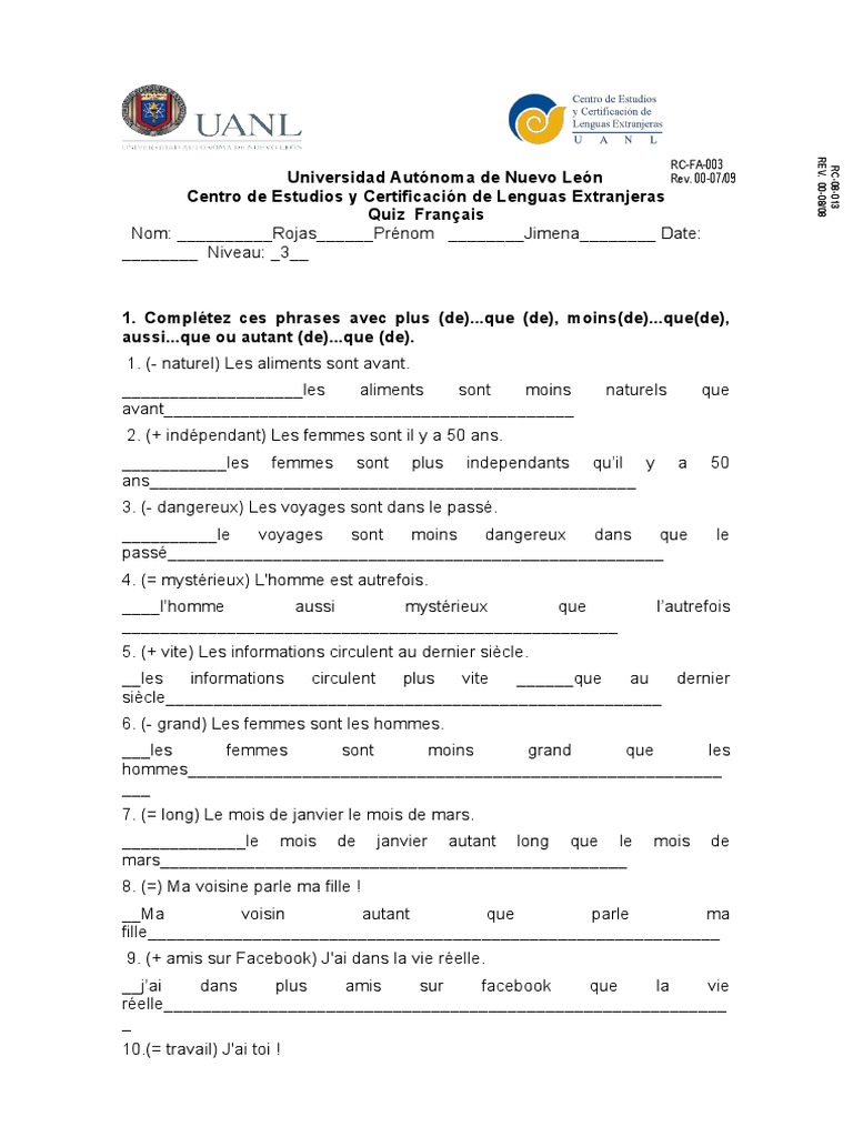 Quiz de français : Comparatifs et superlatifs | PDF
