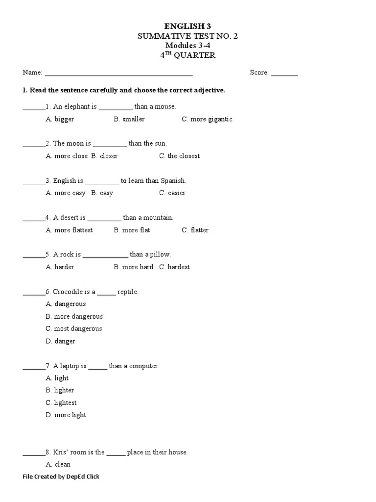 Summative Test No. 2 Modules 3-4 4 Quarter: English 3 | PDF