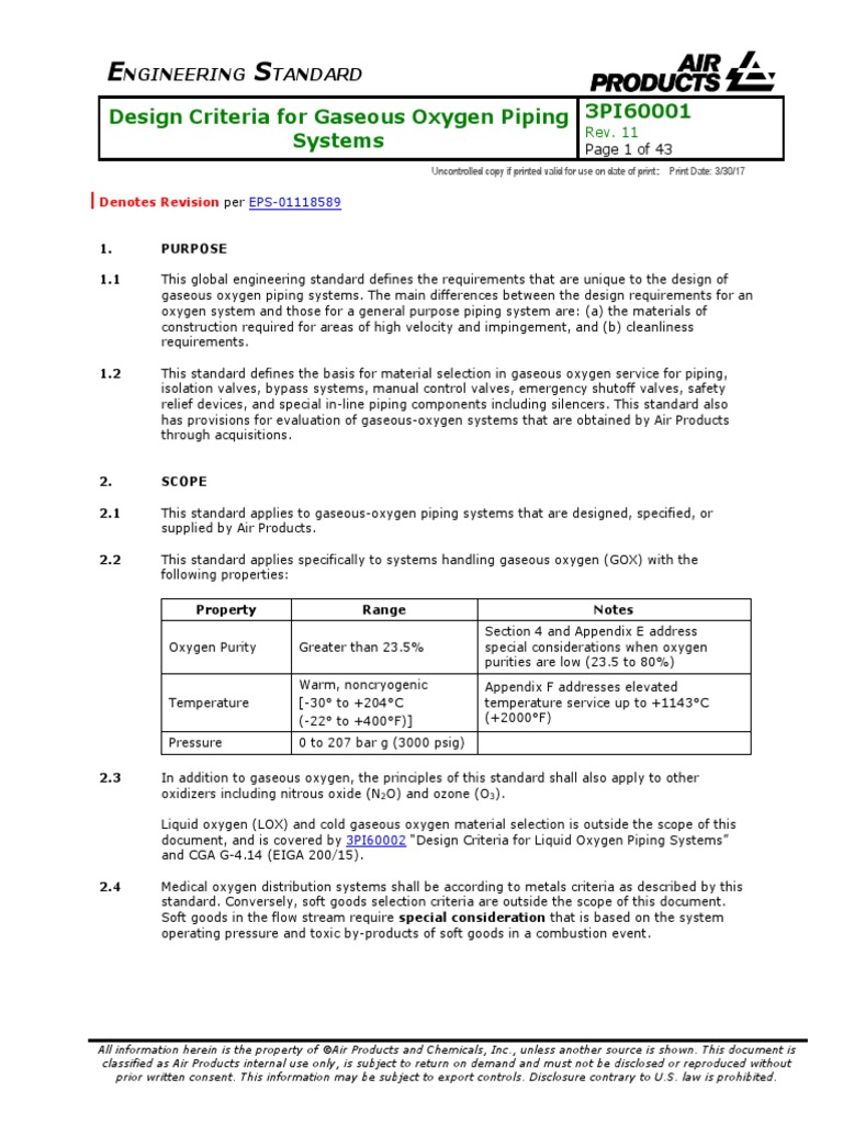 Design Criteria For Gaseous Oxygen Piping Systems 3PI60001 Ngineering