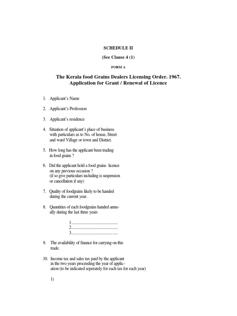 The Kerala Food Grains Dealers Licensing Order. 1967. Application For