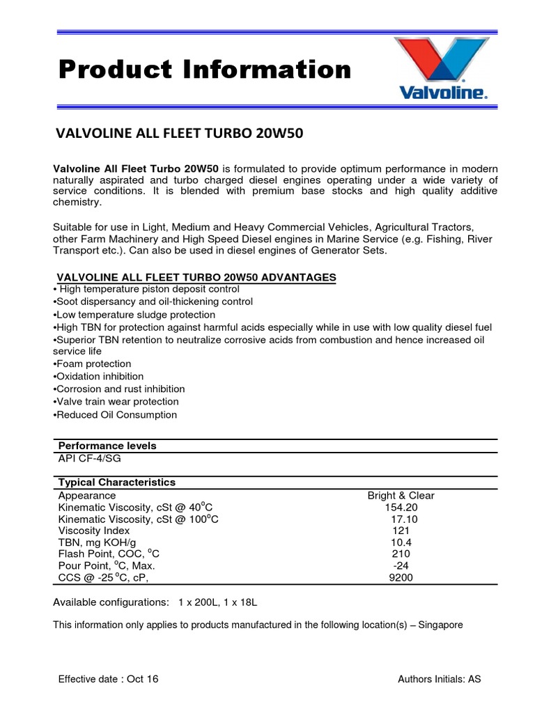 Valvoline All Fleet Turbo 20W50 PDF