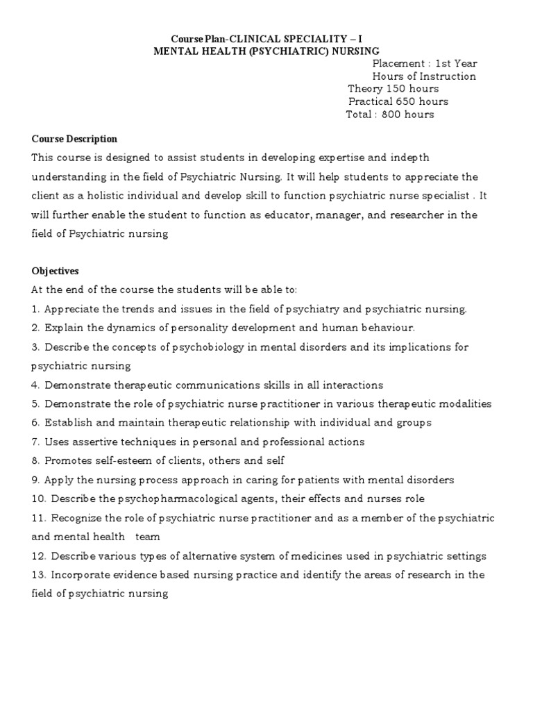 Mental Health Nursing Course Syllabus | PDF | Mental Disorder | Psychiatry