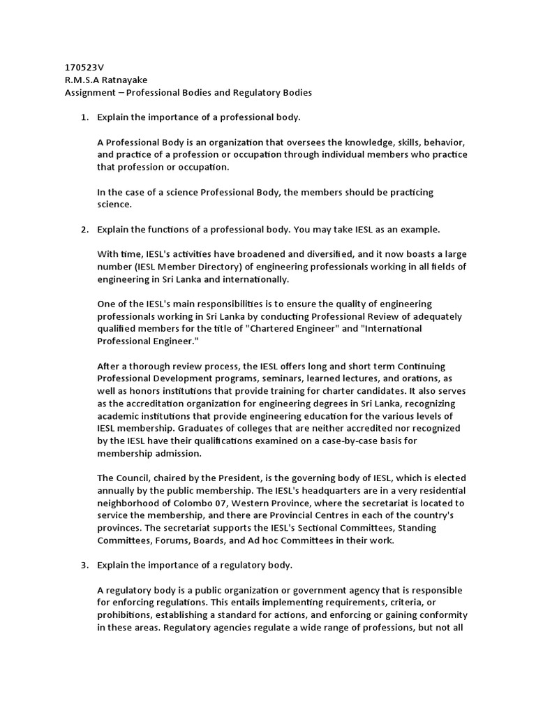 Assignment - Professional Bodies and Regulatory Bodies | PDF | Engineer