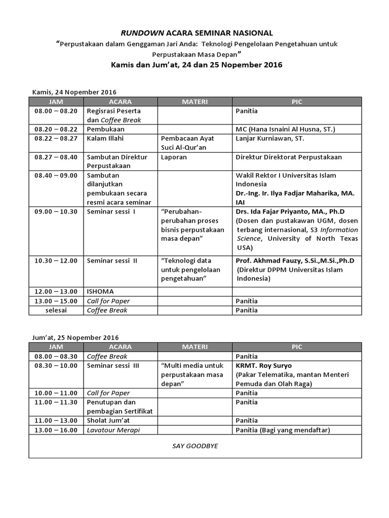 RENCANA SUSUNAN ACARA SEMINAR NASIONAL - Rev | PDF