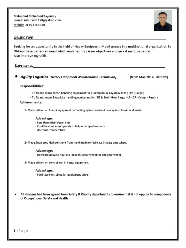 A Compelling Resume for a Heavy Equipment Maintenance Technician Seeking to Leverage Over a