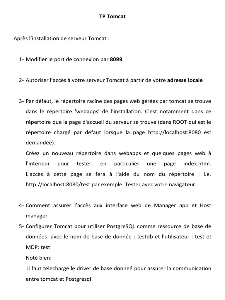 Configuration Tomcat : Ports, Accès, et PostgreSQL | PDF | Maison et ...