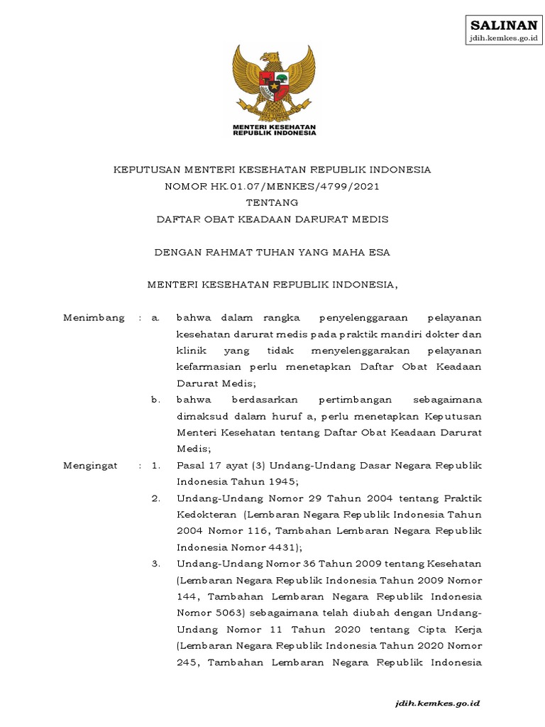 KMK No. HK.01.07-MENKES-4799-2021 TTG Daftar Obat Keadaan Darurat Medis ...