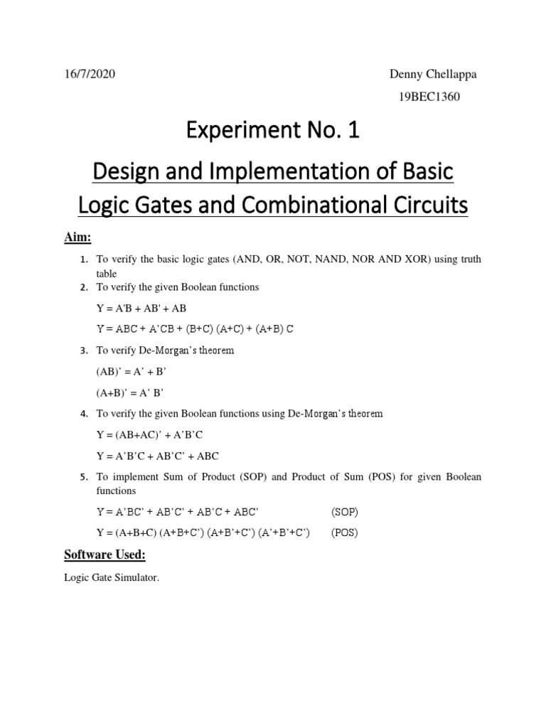 Experiment No. 1 Design and Implementation of Basic Logic Gates and