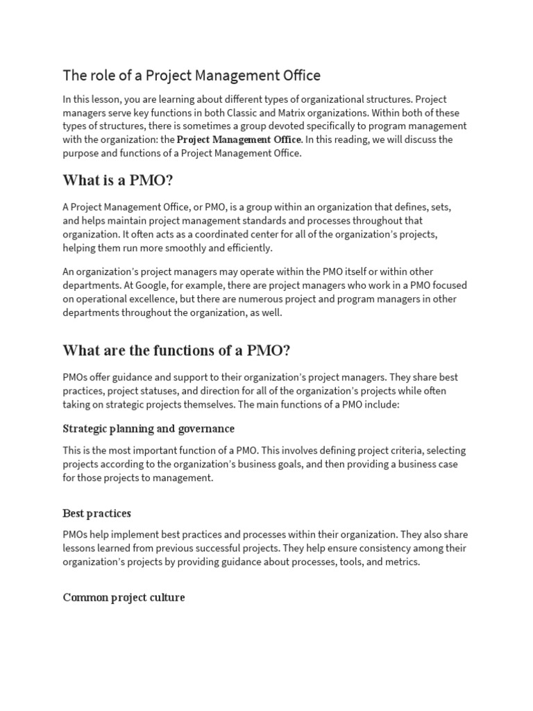 Functions and Roles of a PMO | PDF | Project Management | Economies