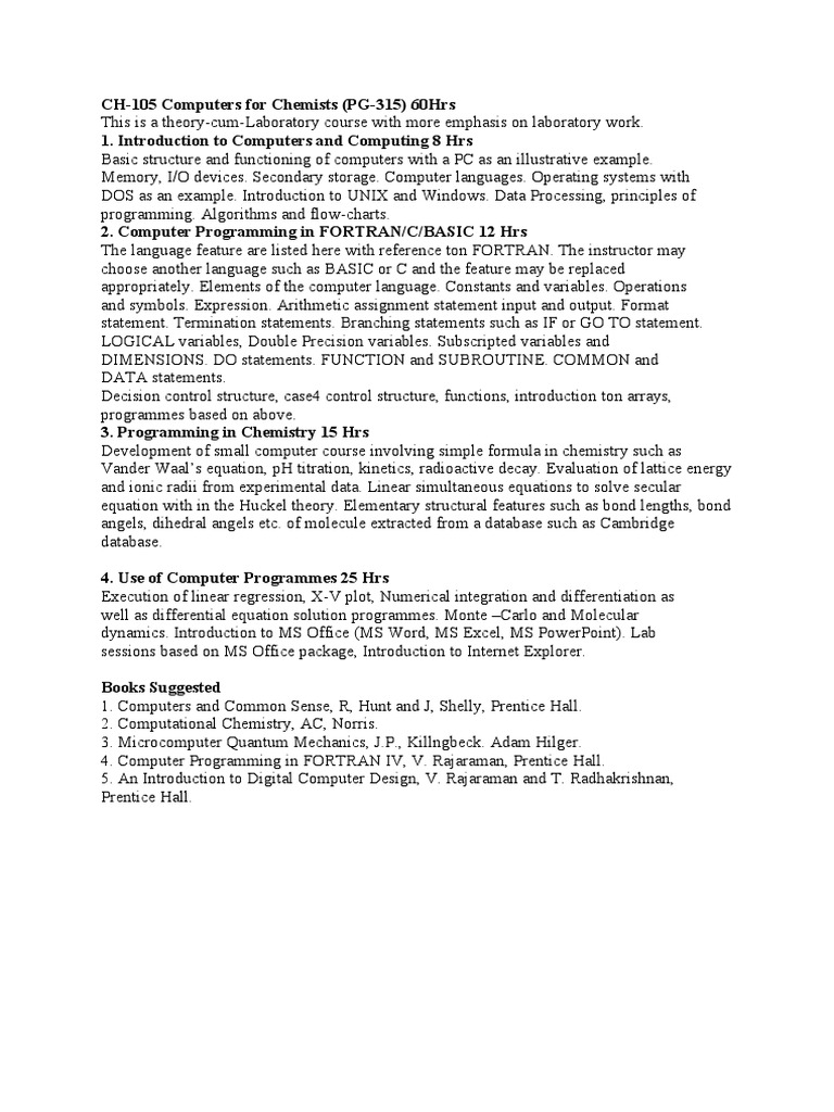 CH-105 Computers For Chemists (PG-315) 60Hrs 1. Introduction To ...