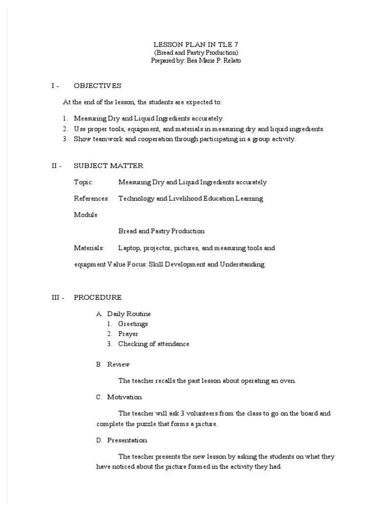 Lesson Plan in Tle 7 (Bread and Pastry Production) Prepared By Bea