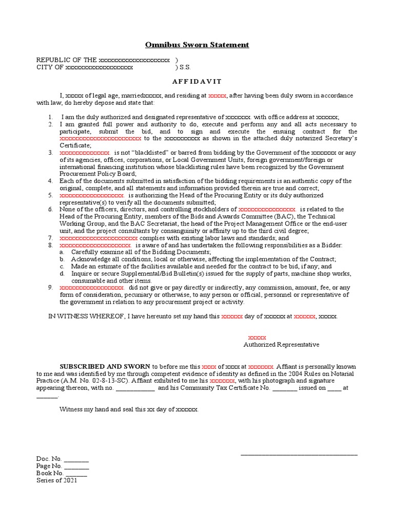 Omnibus Sworn Statement Form PDF Affidavit Justice