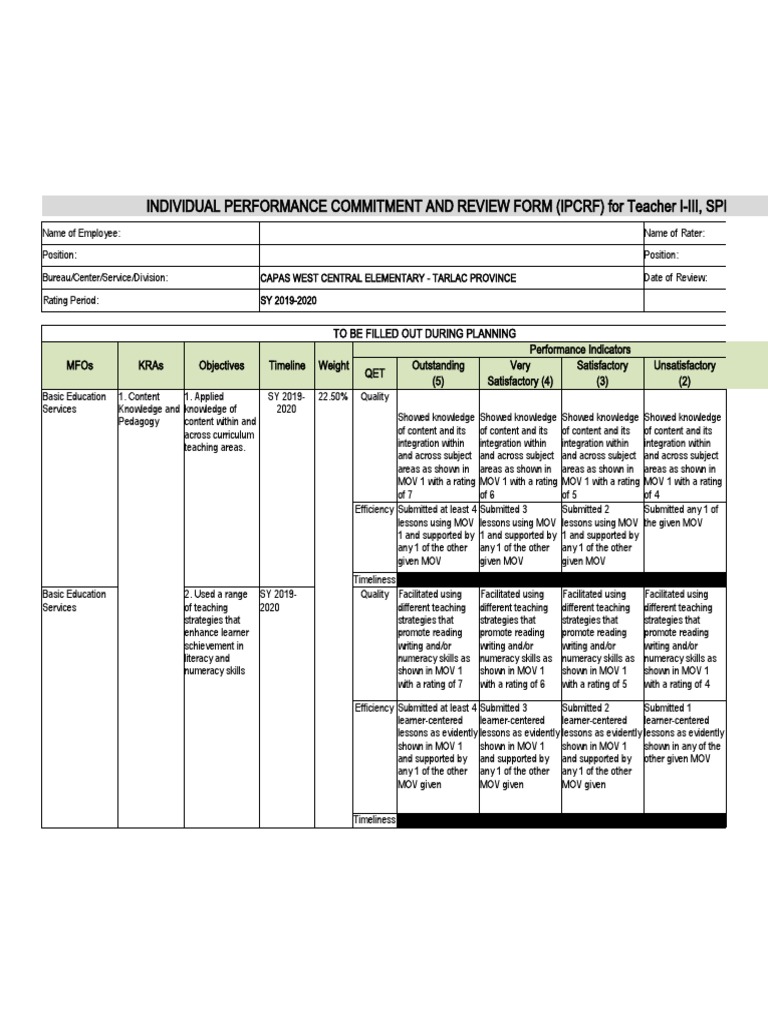 Individual Performance Commitment and Review Form (Ipcrf) For Teacher I ...