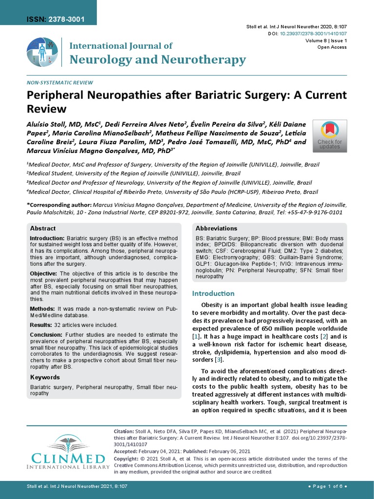 Peripheral Neuropathies After Bariatric Surgery A Current Review PDF