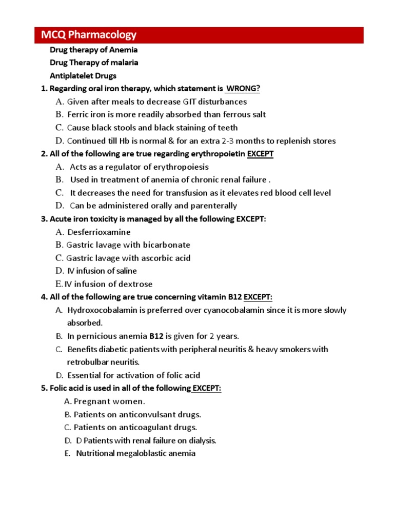 MCQ Anemia Antiplatelete Malaria | PDF | Anemia | Clinical Medicine