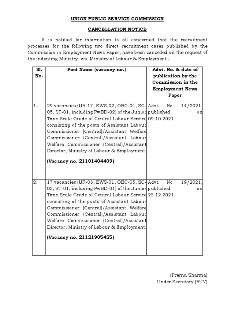 Union Public Service Commission Cancellation Notice | PDF