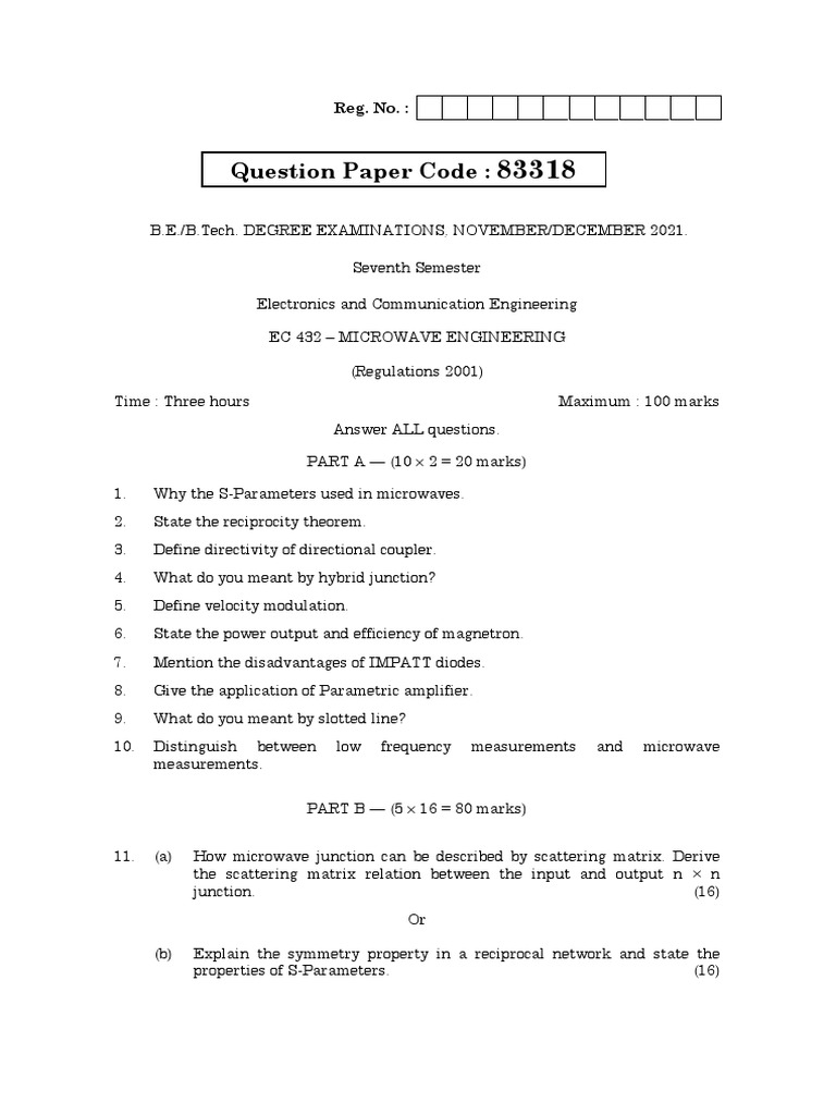 Question Paper Code:: Reg. No. | PDF | Microwave | Amplifier