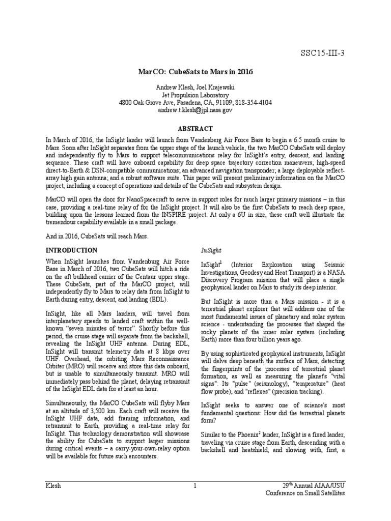 MarCO - CubeSats To Mars in 2016 | PDF | Insight | Nasa Deep Space Network