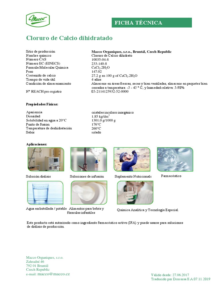 Ficha Técnica Cloruro de Calcio Dihidratado