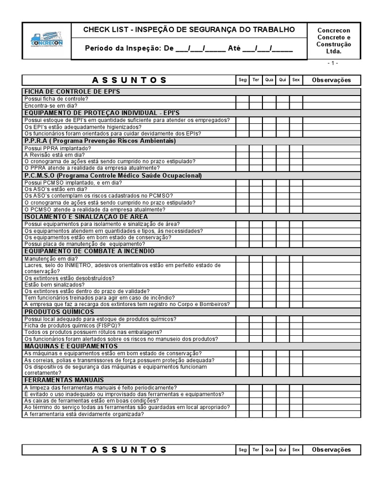 Checklist de Inspeção de Segurança do Trabalho | PDF