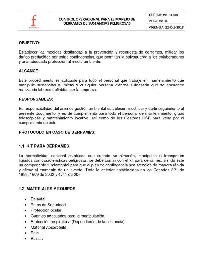Int-Ga-001 Control Operacional de Derrames | PDF | Residuos | Naturaleza