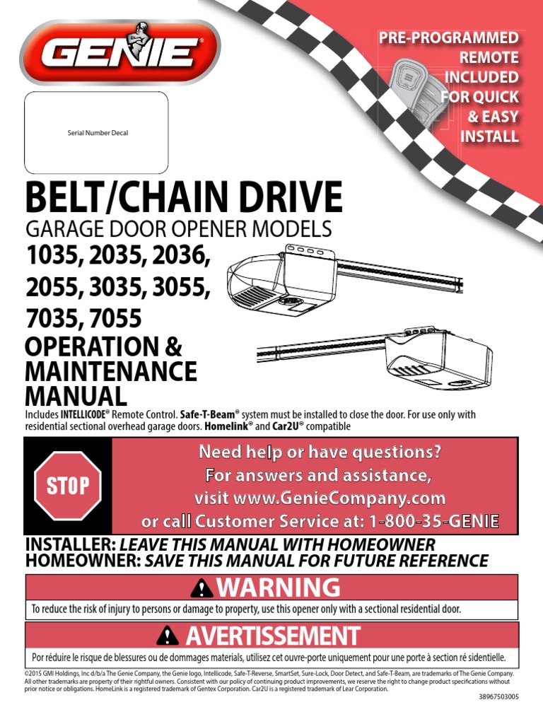 Genie 1035, 2035, 2036, 2055, 3035, 3055, 7035, 7055 Garage Opener
