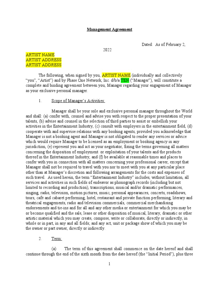 Artist Management Agreement Template | PDF | Indemnity | Expense