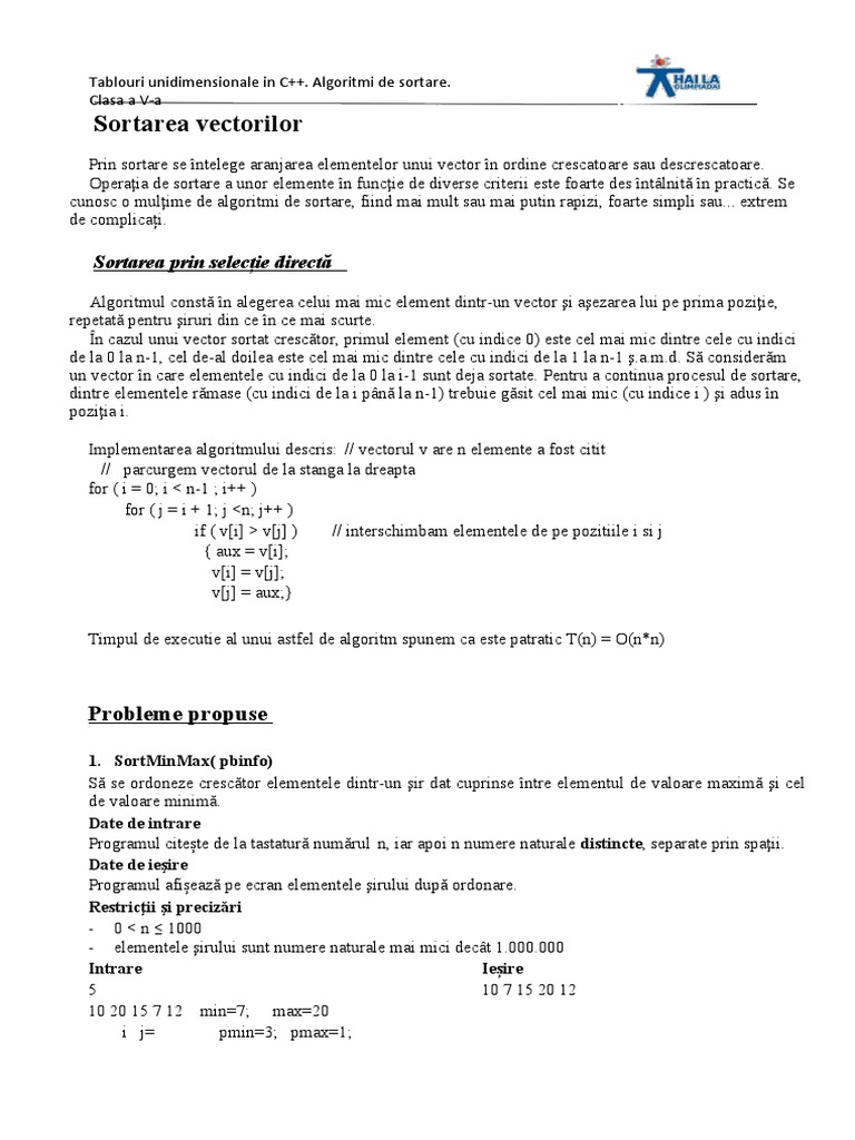 Algoritmi de Sortare. Aplicații | PDF