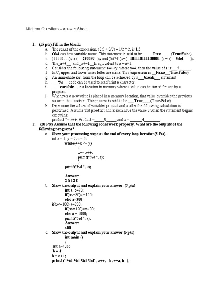 Midterm Questions - Answer Sheet | PDF | Control Flow | Computer Science