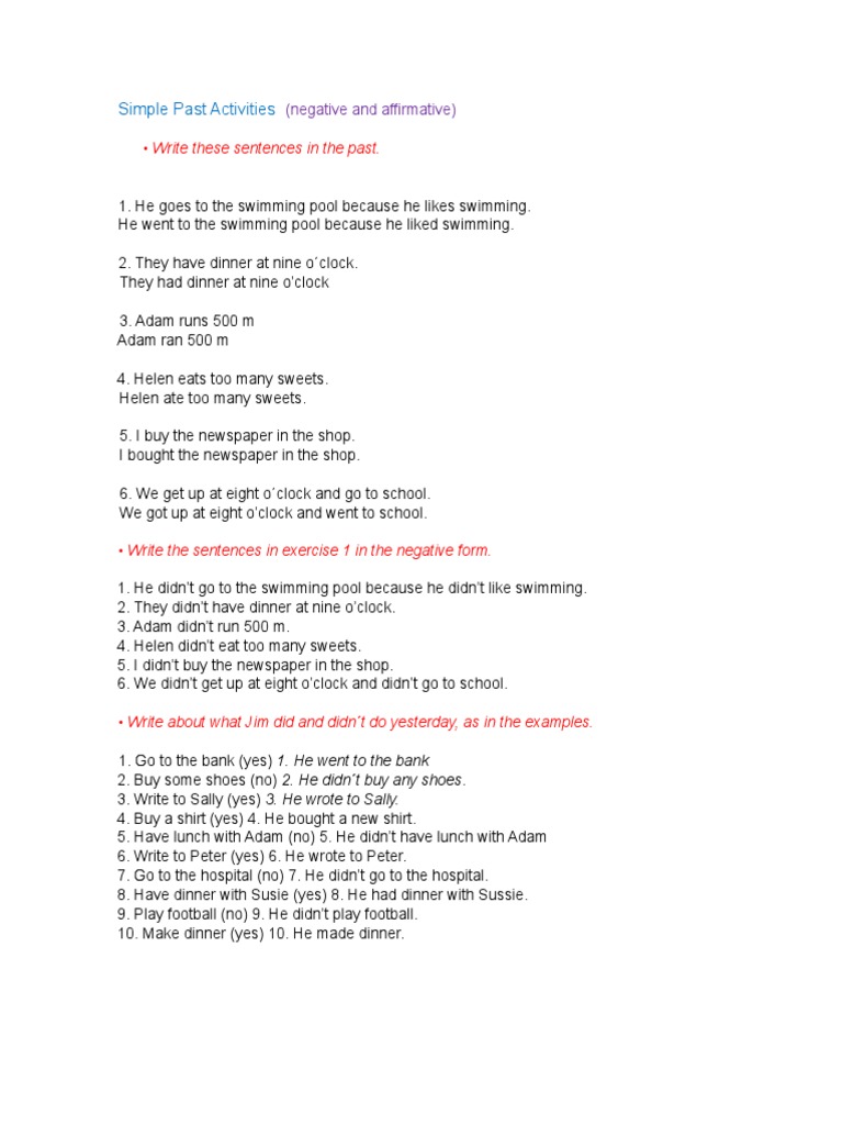 Simple Past Activities: - Write These Sentences in The Past | PDF ...