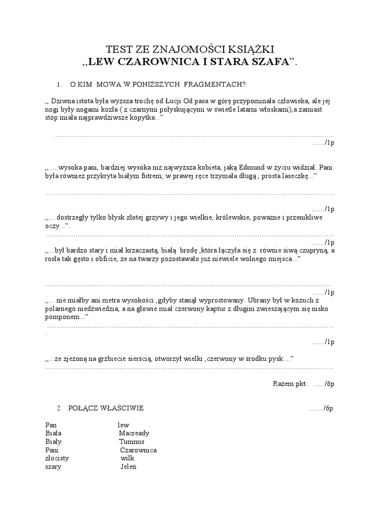 Opowieści Z Narnii Test Gwo Test Opowieści Z Narnii | PDF