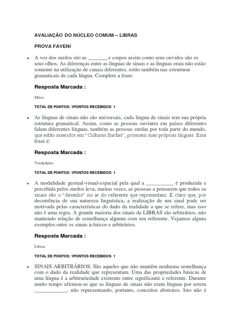 Avaliação de LIBRAS na Faveni | PDF | Linguagem de sinais | Linguística