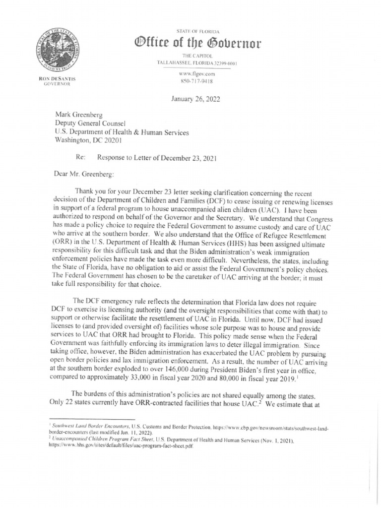 DeSantis Letter To HHS | PDF