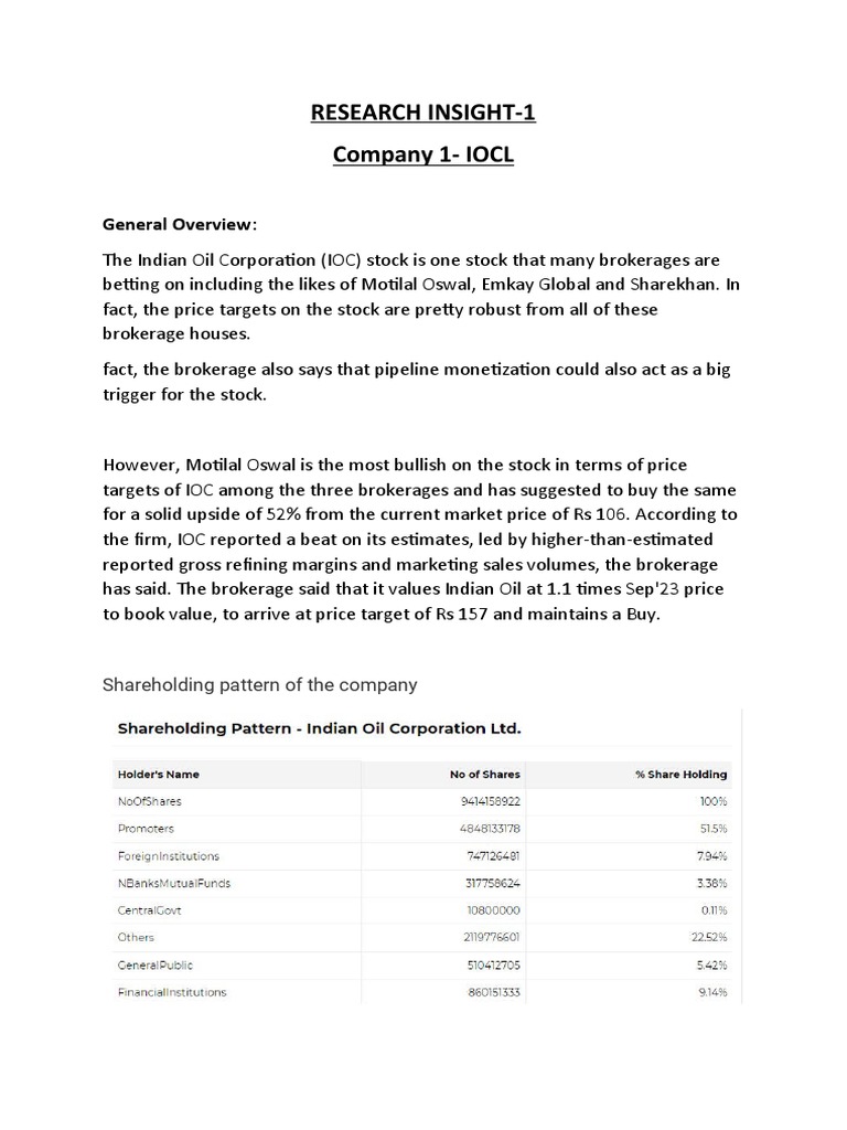 Research Insight-1 Company 1-IOCL: General Overview | PDF | Finance ...