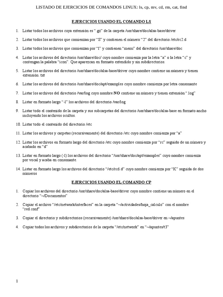 Listado de ejercicios de comandos Linux ls, cp, mv, cd, rm, cat, find ...